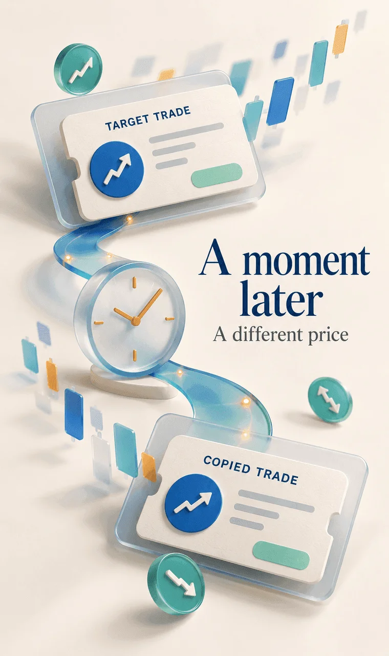 Target and copied trade tickets connected by a timeline show how execution delays can change the price. Target and copied trade tickets connected by a timeline show how execution delays can change the price.
