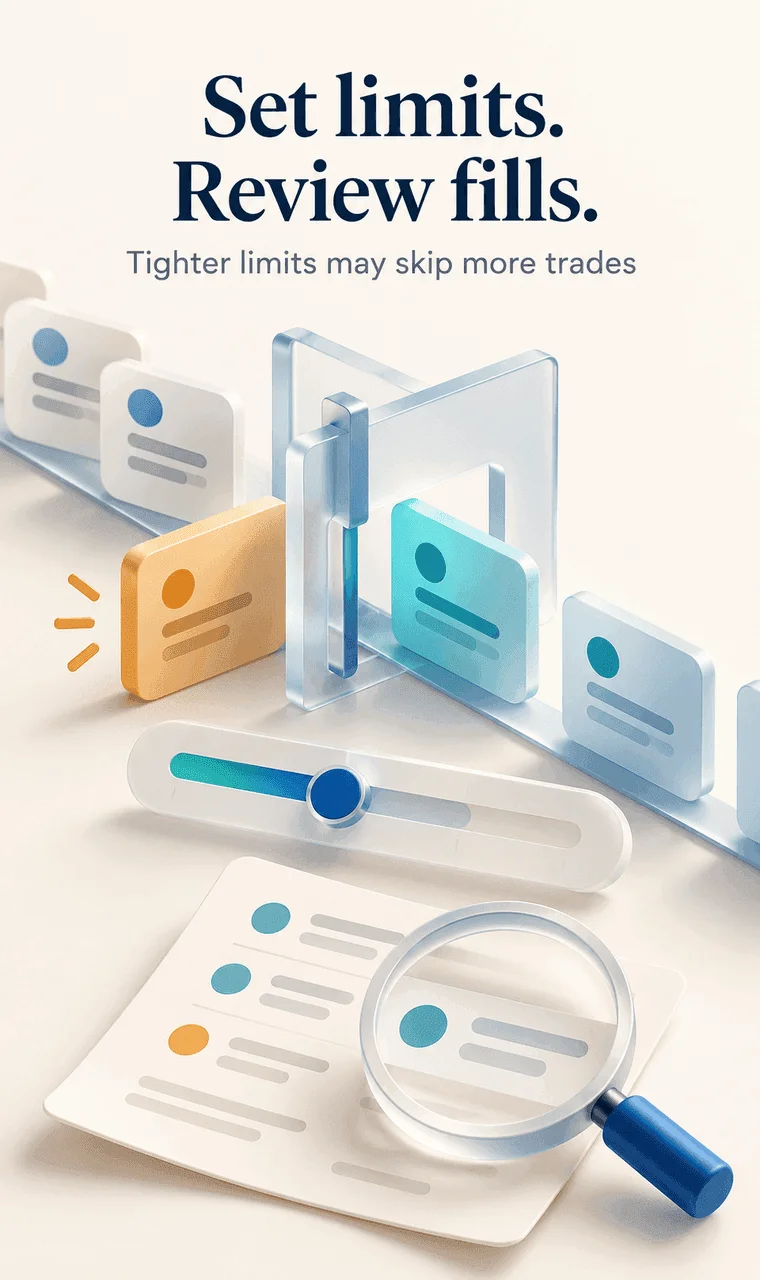 An adjustable gate filters trade tickets, illustrating how tighter price limits may skip more copied trades. An adjustable gate filters trade tickets, illustrating how tighter price limits may skip more copied trades.