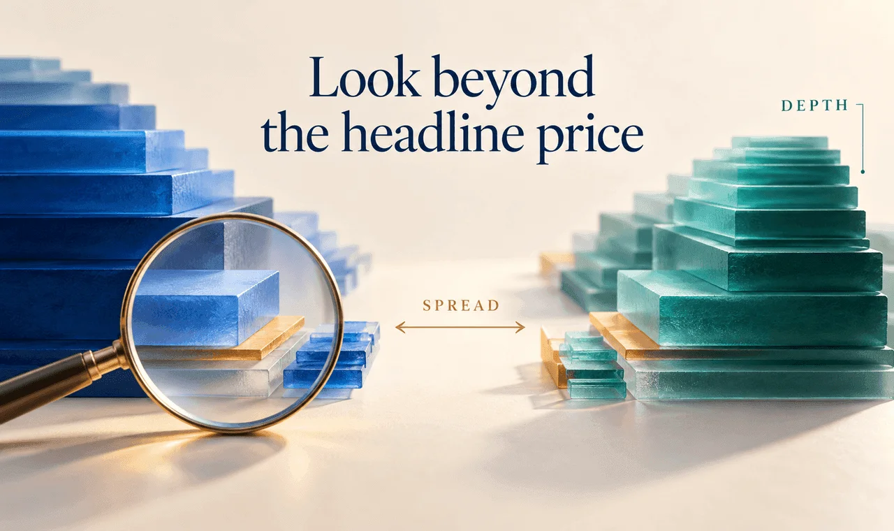 Stacks of order tiles illustrate spread and depth, with a magnifying glass highlighting limited shares at the best price. Stacks of order tiles illustrate spread and depth, with a magnifying glass highlighting limited shares at the best price.