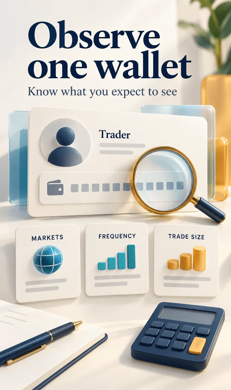 A magnified trader wallet, calculator and notes highlight markets, trading frequency and trade size to observe. A magnified trader wallet, calculator and notes highlight markets, trading frequency and trade size to observe.