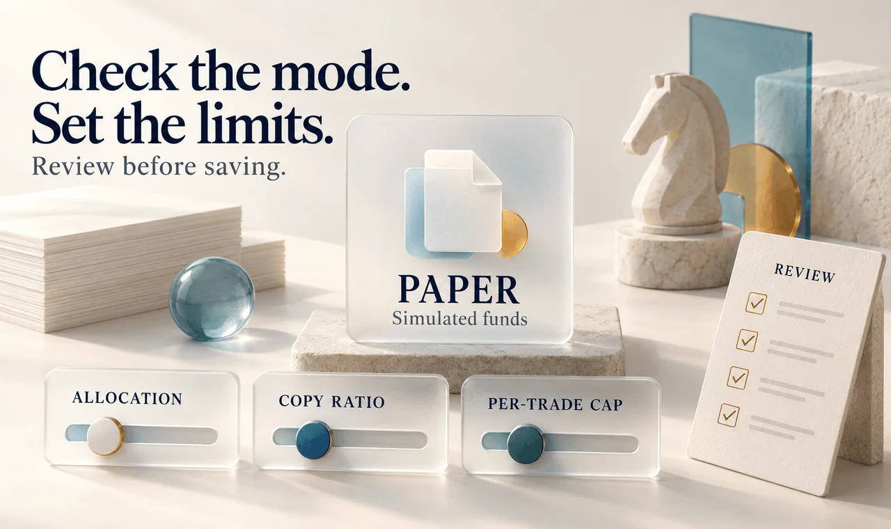 Paper mode with simulated funds, allocation, copy ratio and per-trade cap controls beside a review checklist. Paper mode with simulated funds, allocation, copy ratio and per-trade cap controls beside a review checklist.