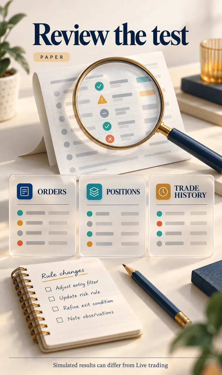 A magnified Paper activity log, orders, positions and trade history cards, and a notebook for recording rule changes. A magnified Paper activity log, orders, positions and trade history cards, and a notebook for recording rule changes.